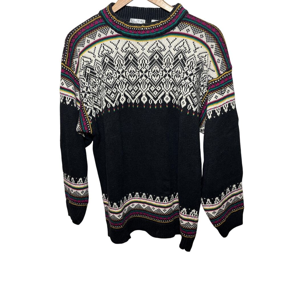 Laureen E. Ong Sweater VTG Black Colorful Aztec Boho Southwestern Tunic Ramie L